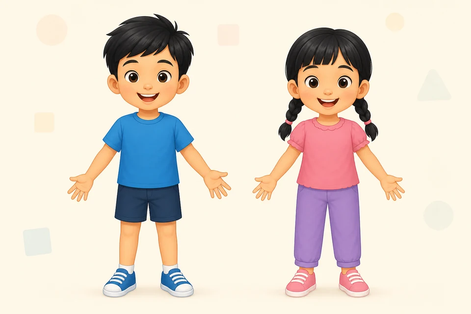 A full-body boy and girl showing one head, two arms, one trunk, and two legs