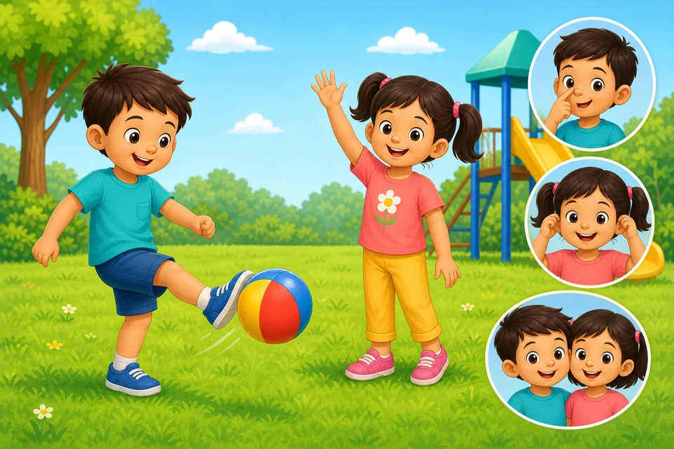 Children using a leg to kick, an arm to wave, touching nose and ears, and smiling
