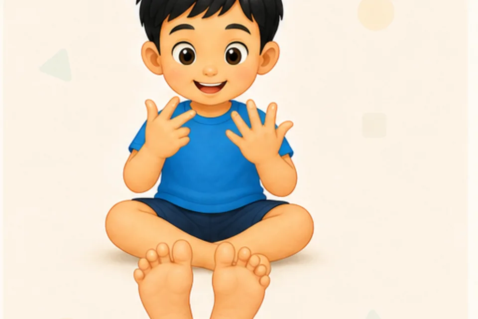 ภาพประกอบบทเรียน มือและเท้า ตอนที่ 3: ตัวอย่าง: นับนิ้วมือ หนึ่ง สอง สาม สี่ ห้า! ทีนี้นับอีกข้าง รวมเป็นสิบนิ้ว ลองกระดิกนิ้วเท้า แล้วนับดูสิ