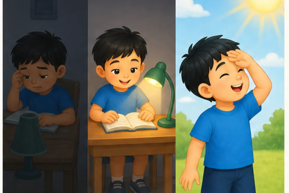 ภาพประกอบบทเรียน ตาของฉันมองเห็น ตอนที่ 2: ในที่มืด ตาของเรามองเห็นไม่ชัด เราจึงต้องเปิดไฟ เราไม่ควรมองดวงอาทิตย์ตรงๆ เพราะสว่างเกินไปและอาจทำให้ตาเจ็บ