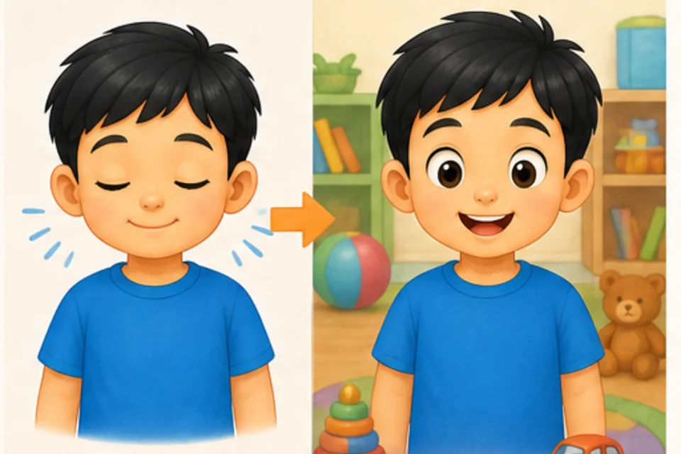ภาพประกอบบทเรียน ตาของฉันมองเห็น ตอนที่ 3: ตัวอย่าง: หลับตาสิ มองเห็นไหม? ไม่เห็น! ลืมตาสิ ตอนนี้เห็นห้อง ของเล่น และสีต่างๆ รอบตัวแล้ว