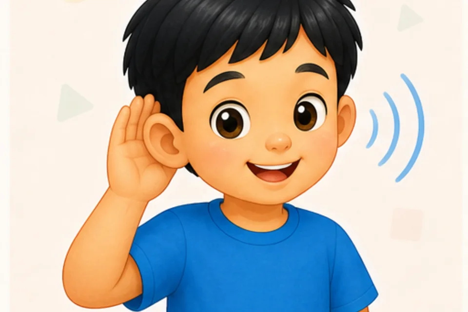 ภาพประกอบบทเรียน หูของฉันได้ยิน ตอนที่ 1: เรามีหูสองข้าง อยู่ข้างละหนึ่งของหัว หูช่วยให้เราได้ยินเสียง เรียกว่าการได้ยิน
