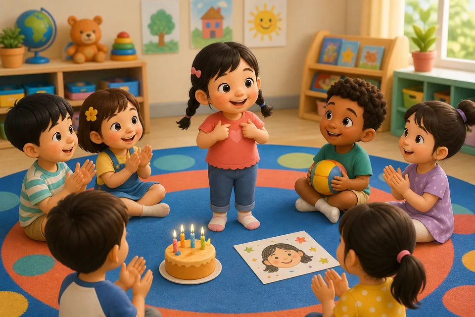 ภาพประกอบบทเรียน นี่คือฉัน ตอนที่ 3: ตัวอย่าง: นั่งเป็นวงกลมกับเพื่อน แต่ละคนพูดว่า "ฉันชื่อ ___ อายุ ___ ขวบ ฉันชอบ ___" ปรบมือให้ทุกคน ทุกคนต่างกันและทุกคนพิเศษ!