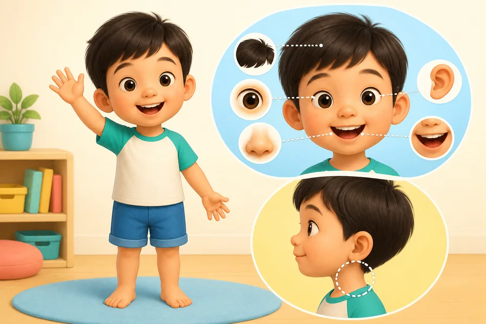 ภาพประกอบบทเรียน ส่วนต่างๆ ของร่างกาย ตอนที่ 1: ร่างกายของฉันมีหลายส่วน แต่ละส่วนมีหน้าที่ หัวอยู่ด้านบน มีผม ใบหน้า ตา หู จมูก และปาก คอเชื่อมหัวกับลำตัว