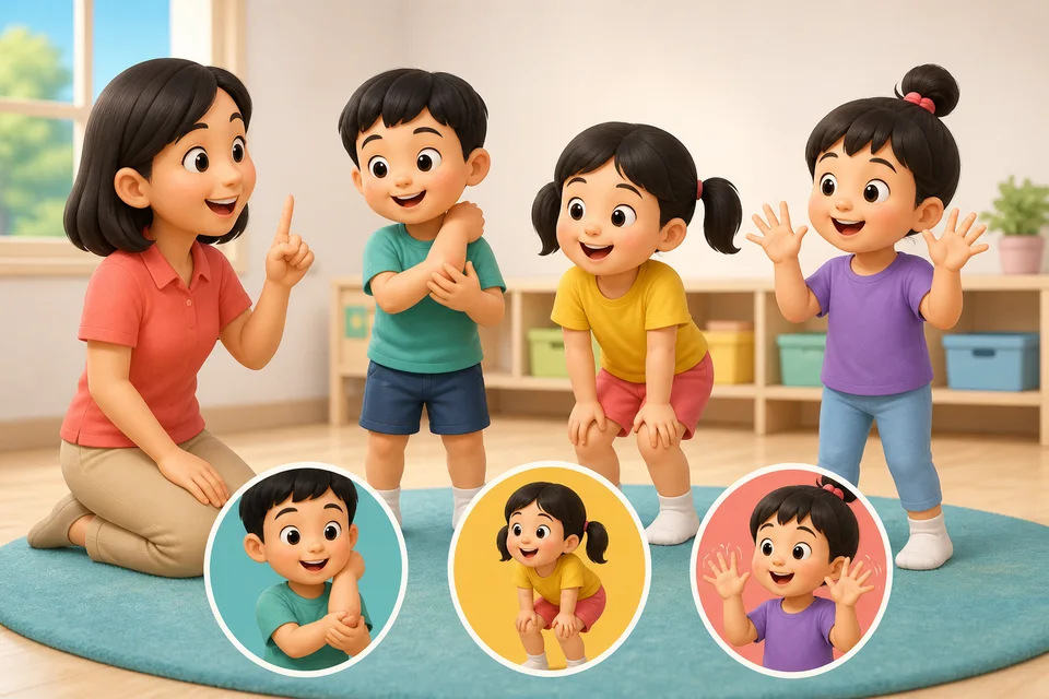 ภาพประกอบบทเรียน ส่วนต่างๆ ของร่างกาย ตอนที่ 3: ตัวอย่าง: เล่นเกม "ไซมอนบอกว่า" "ไซมอนบอกว่าแตะข้อศอก!" "ไซมอนบอกว่างอเข่า!" "ไซมอนบอกว่ากระดิกนิ้ว!" หาทุกส่วนเจอไหม?