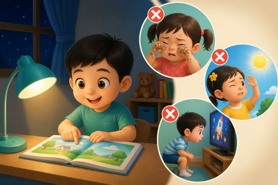ภาพประกอบบทเรียน ตา: การมองเห็น ตอนที่ 2: เราต้องมีแสงจึงจะมองเห็น ในห้องมืดเรามองไม่ชัด จึงต้องเปิดไฟ เราต้องดูแลตา ไม่ขยี้ตาด้วยมือสกปรก ไม่มองดวงอาทิตย์ ไม่นั่งใกล้โทรทัศน์เกินไป