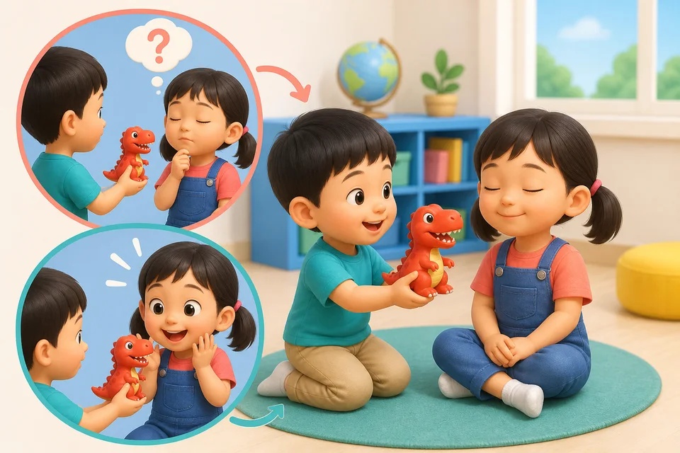 ภาพประกอบบทเรียน ตา: การมองเห็น ตอนที่ 3: ตัวอย่าง: หลับตาแล้วให้เพื่อนวางของเล่นไว้ตรงหน้า บอกได้ไหมว่าคืออะไร? ลืมตาสิ บอกได้แน่นอน! ตาทำหน้าที่แล้ว