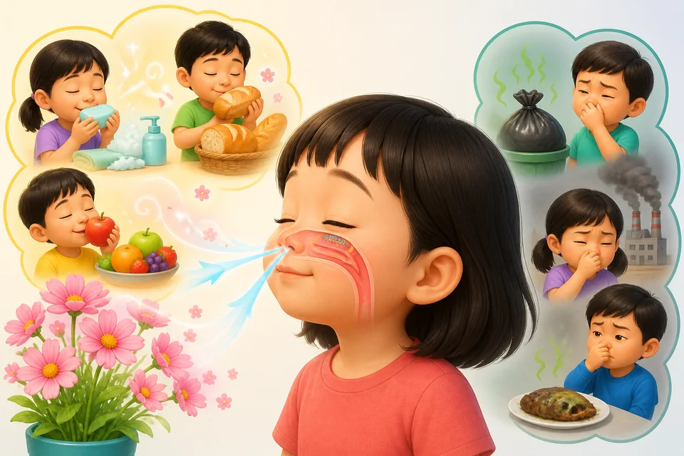 ภาพประกอบบทเรียน จมูก: การดมกลิ่น ตอนที่ 1: จมูกให้การดมกลิ่น เรายังหายใจทางจมูก จมูกแยกกลิ่นได้หลายอย่าง ดอกไม้ สบู่ ขนมปังอบใหม่ และผลไม้กลิ่นหอม ขยะ ควัน และอาหารเน่ากลิ่นเหม็น