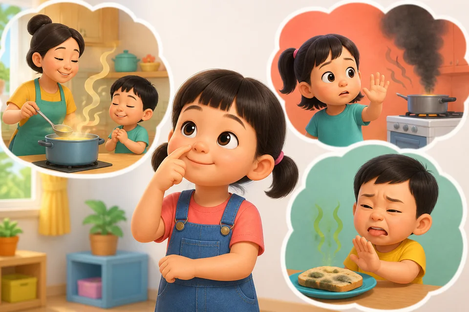ภาพประกอบบทเรียน จมูก: การดมกลิ่น ตอนที่ 2: กลิ่นให้ข้อมูลกับเรา กลิ่นหอมจากครัวบอกว่าอาหารเย็นเสร็จแล้ว กลิ่นไหม้เตือนอันตราย กลิ่นเหม็นจากอาหารบอกว่าอย่ากิน