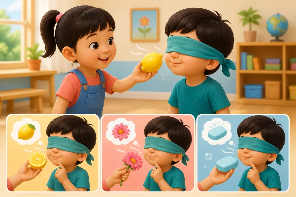 ภาพประกอบบทเรียน จมูก: การดมกลิ่น ตอนที่ 3: ตัวอย่าง: หลับตา ให้เพื่อนถือมะนาว แล้วดอกไม้ แล้วสบู่ใกล้จมูก ทายแต่ละอย่าง จมูกเป็นนักสืบที่เก่งมาก!