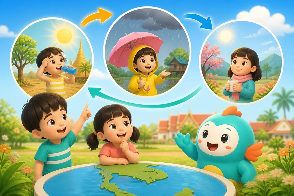 ภาพประกอบบทเรียน ฤดูกาลในหนึ่งปี ตอนที่ 1: อากาศไม่เหมือนเดิมตลอดปี มันเปลี่ยนเป็นรูปแบบที่เราเรียกว่าฤดูกาล ประเทศไทยมีสามฤดู ฤดูร้อน ฤดูฝน และฤดูหนาว