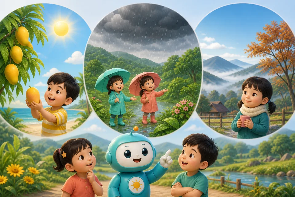 ภาพประกอบบทเรียน ฤดูกาลในหนึ่งปี ตอนที่ 2: ฤดูร้อนประมาณมีนาคมถึงพฤษภาคม ร้อนและแดดจ้า และเห็นมะม่วงมากมาย ฤดูฝนประมาณมิถุนายนถึงตุลาคม เมฆดำนำฝนมาเกือบทุกวัน ทุกอย่างเขียวขจี ฤดูหนาวประมาณพฤศจิกายนถึงกุมภาพันธ์ เช้าหนาว ท้…