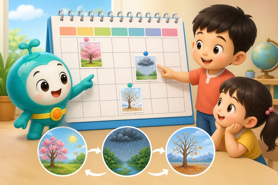 ภาพประกอบบทเรียน ฤดูกาลในหนึ่งปี ตอนที่ 3: ตัวอย่าง: ดูปฏิทิน ชี้เมษายน ฤดูร้อน! ชี้สิงหาคม ฤดูฝน! ชี้ธันวาคม ฤดูหนาว! ฤดูกาลหมุนเวียนไปทุกปี