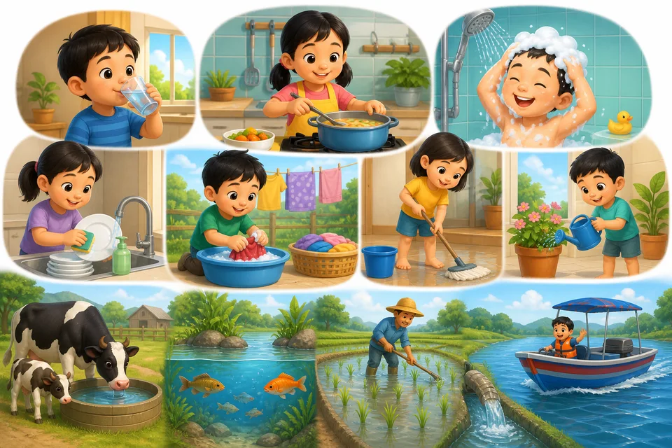 ภาพประกอบบทเรียน น้ำและประโยชน์ของน้ำ ตอนที่ 2: เราใช้น้ำดื่ม หุงต้ม อาบน้ำ ซักผ้าล้างจาน ทำความสะอาดบ้าน และรดน้ำต้นไม้ สัตว์ดื่มน้ำ พืชต้องการน้ำเพื่อเติบโต ปลาอยู่ในน้ำ ชาวนาต้องการน้ำในนา เรือเดินทางบนน้ำ