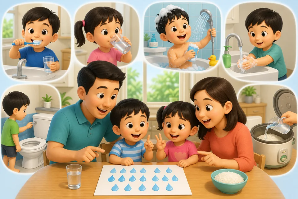 ภาพประกอบบทเรียน น้ำและประโยชน์ของน้ำ ตอนที่ 3: ตัวอย่าง: นับกับครอบครัว วันนี้ใช้น้ำกี่ครั้ง? แปรงฟัน ดื่ม อาบน้ำ กดชักโครก ล้างมือ หุงข้าว... มากกว่าสิบครั้ง!