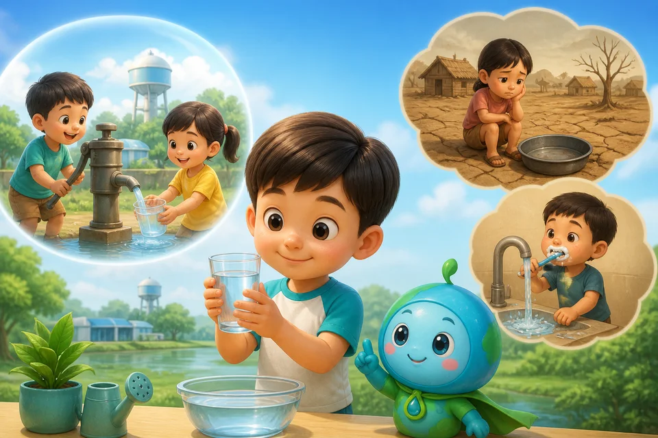 ภาพประกอบบทเรียน ประหยัดน้ำ ตอนที่ 1: น้ำสะอาดมีค่า ไม่ใช่ทุกที่จะมีพอ ถ้าเราใช้น้ำสิ้นเปลือง สักวันอาจไม่พอสำหรับทุกคน เราจึงต้องใช้น้ำอย่างระมัดระวังและไม่สิ้นเปลือง