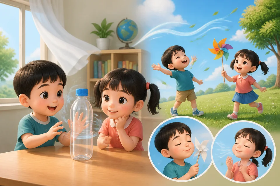 ภาพประกอบบทเรียน อากาศและประโยชน์ของอากาศ ตอนที่ 1: อากาศอยู่ทุกที่รอบตัวเรา ในห้อง ข้างนอก แม้แต่ในขวดเปล่า เรามองไม่เห็นอากาศ แต่รู้สึกได้เมื่อมันเคลื่อนที่เป็นลม อากาศไม่มีสีและไม่มีกลิ่น