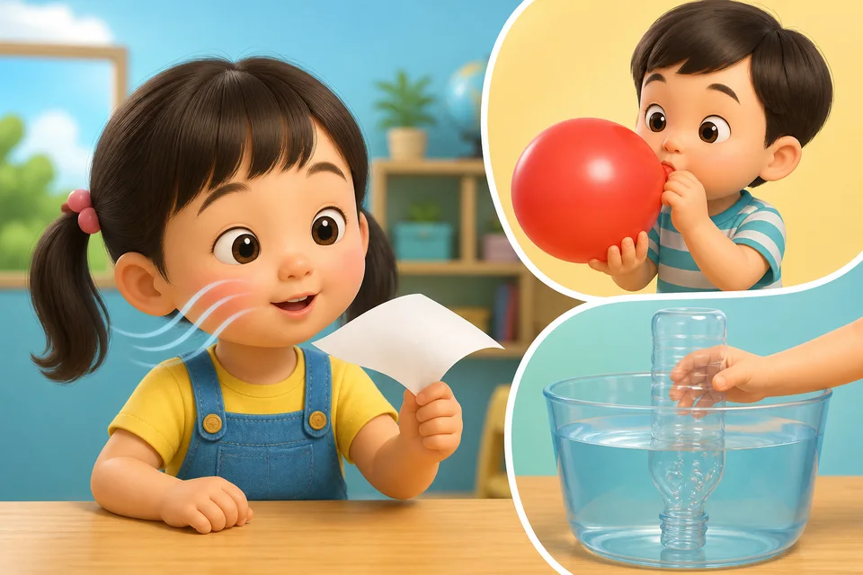 ภาพประกอบบทเรียน อากาศและประโยชน์ของอากาศ ตอนที่ 3: ตัวอย่าง: โบกกระดาษใกล้หน้า รู้สึกอากาศเคลื่อนที่ เป่าลูกโป่ง อากาศทำให้มันใหญ่ คว่ำขวดเปล่าลงในน้ำ ฟองอากาศออกมา นั่นคืออากาศข้างใน!